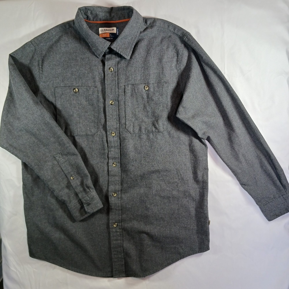 Magellan Outdoors Men's Solid Gray Button-Front Long Sleeve Shirt L Cotton Blend